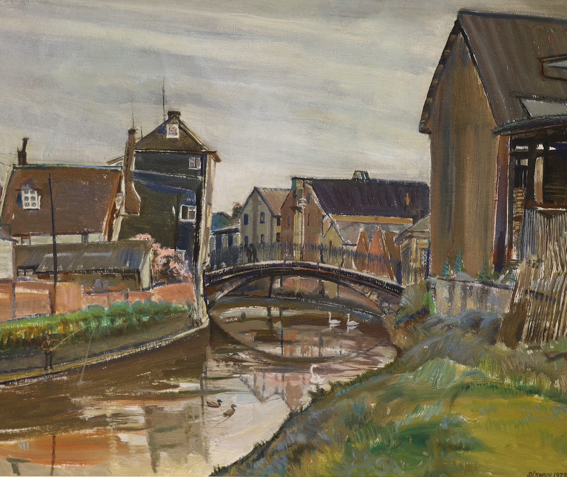 Dorothy L. Swain (1922-2018), oil on canvas board, 'The Old Bridge, Lewes', signed and dated 1973, 50 x 60cm